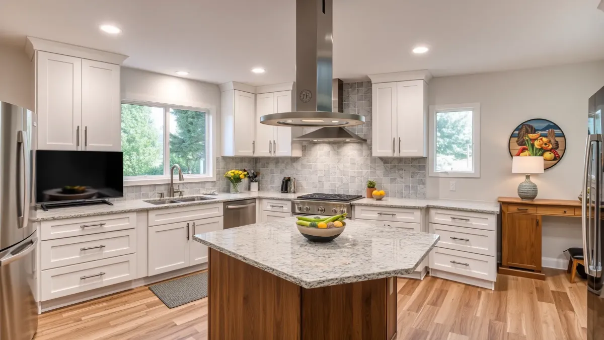 Modern renovated El Camino Real kitchen with wood cabinets, stainless steel appliances, quartz island, and lush garden view.