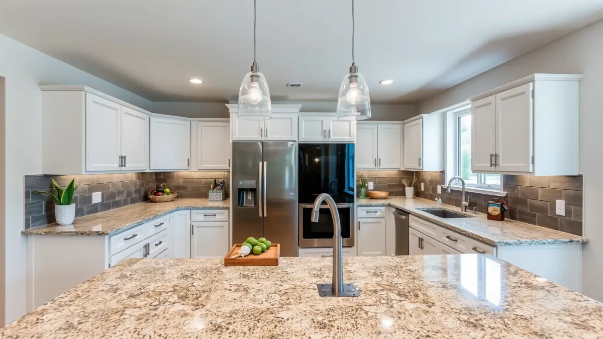 Renovated Riverview West kitchen with matte cabinetry, stainless appliances, marble island, hardwood floors, and scenic greenery.