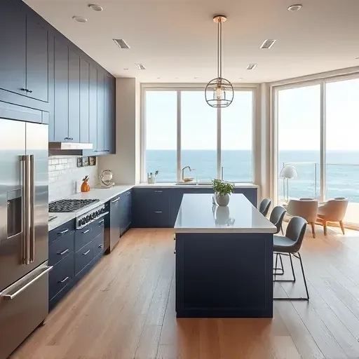 Modern coastal kitchen with navy cabinets, marble island, subway tile backsplash, ocean view, and hardwood flooring