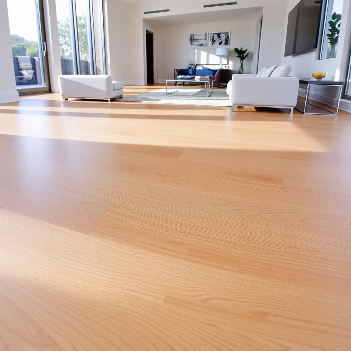 Polished hardwood flooring in a modern Los Angeles home, highlighting natural wood grain, reflections, and sophisticated interior design.