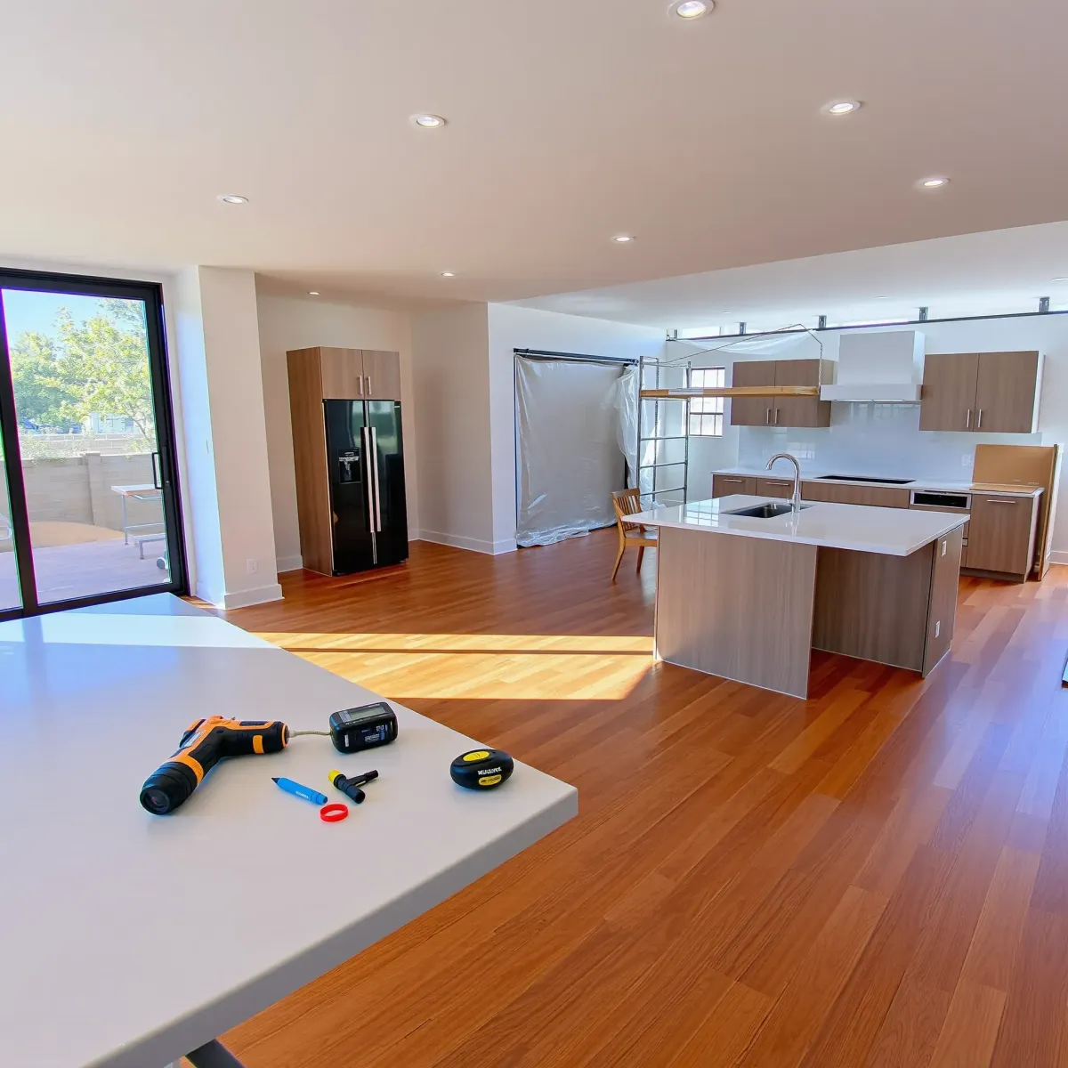 Renovated Newport Heights living room with hardwood floors, large windows, modern furniture, and an open-concept kitchen.