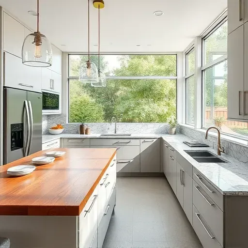 Modern renovated El Camino Real kitchen with sleek cabinetry granite counters stainless appliances island pendant lighting and lush greenery outside