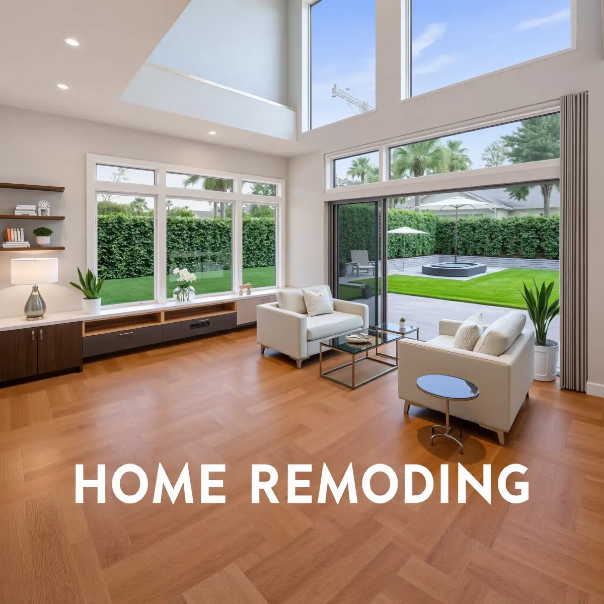 Renovated Foothill Ranch living room with large windows, hardwood floors, modern furniture, and a stylish backyard patio.