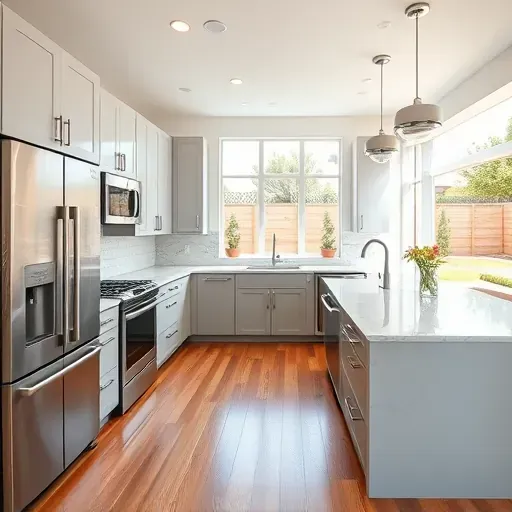Modern remodeled South Coast Metro kitchen with marble countertops, stainless steel appliances, hardwood floors, and large windows