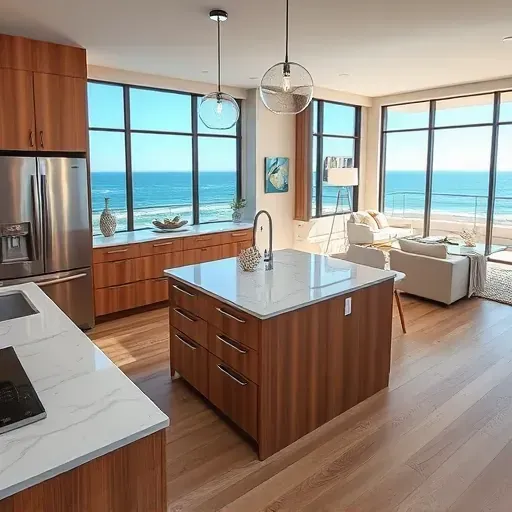 Remodeled Laguna Beach kitchen with quartz countertops stainless steel appliances custom wood cabinetry ocean view natural light coastal decor