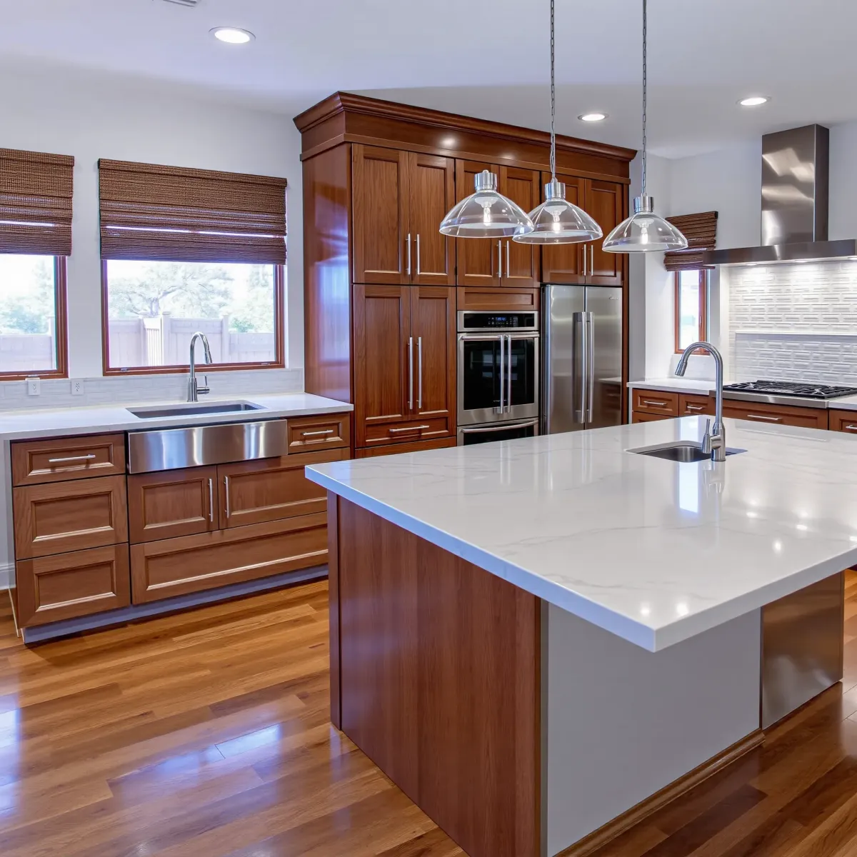 Modern Costa Mesa kitchen with warm wood cabinets, quartz countertops, stainless steel appliances, and large windows.
