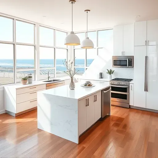 Newly remodeled Newport Beach kitchen features modern cabinetry, stainless steel appliances, and a spacious marble island.