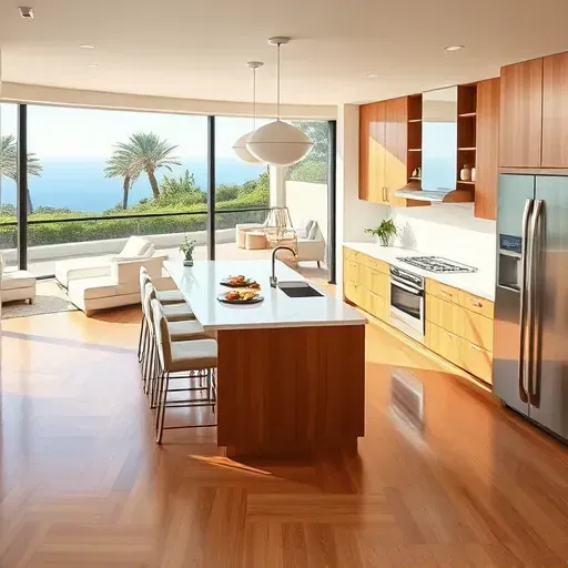 Modern renovated Newport Coast kitchen with quartz countertops, warm wood cabinets, stainless steel appliances, panoramic coastal view