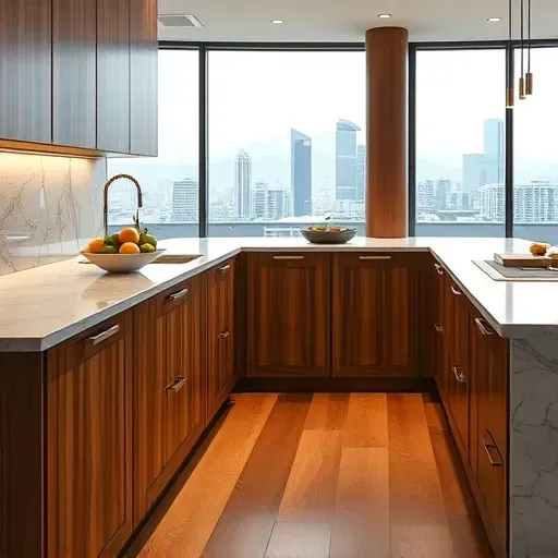 Custom wood kitchen cabinets in a modern LA upscale kitchen with marble countertops and cityscape view