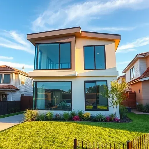 Modern Los Angeles home with sleek double-pane windows, lush front yard, blue sky, and upscale neighborhood details