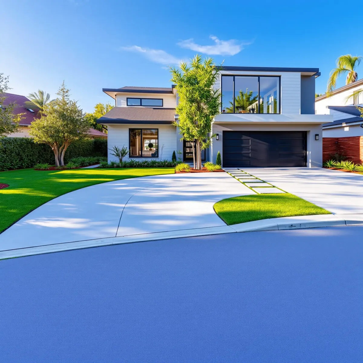 Completed Los Angeles modern home renovation with sleek façade, large windows, lush greenery, and contemporary landscaping.