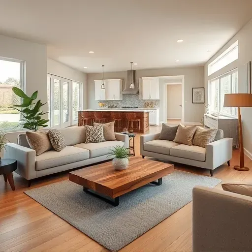 Modern open-concept living room in Foothill Ranch with minimalist furniture, natural light, and inviting colors.