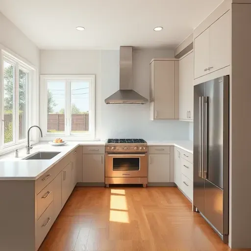 Modern remodeled kitchen in French Park CA with matte cabinets quartz countertops stainless steel appliances hardwood floors and backyard view