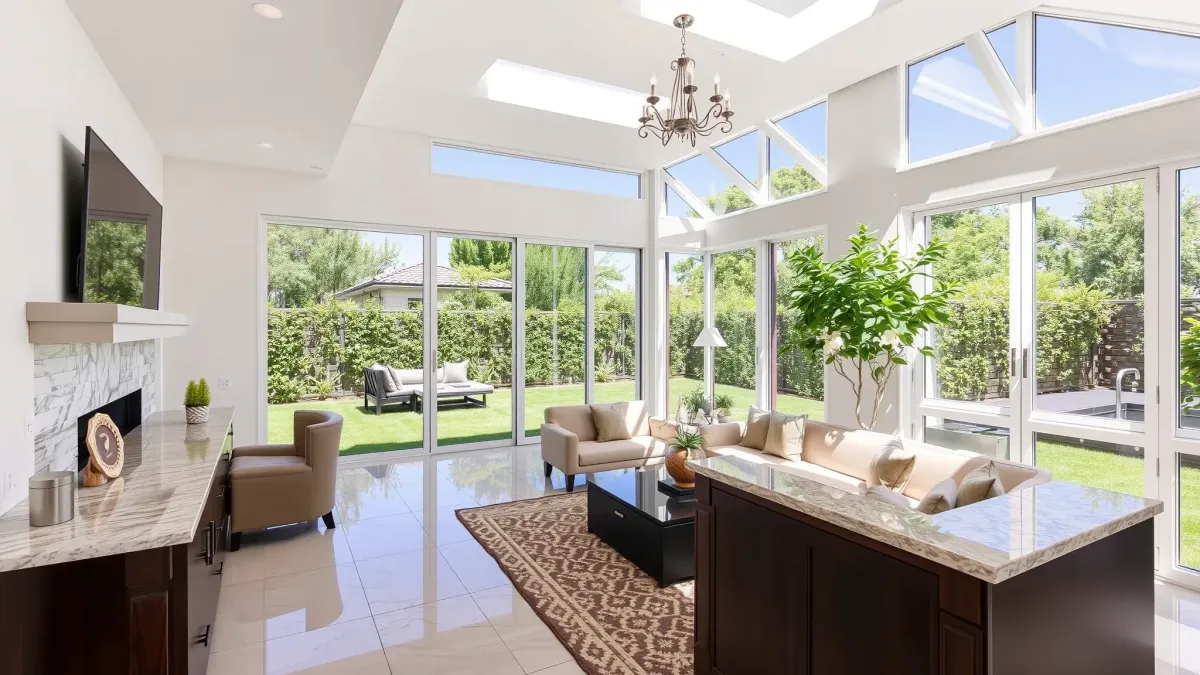 Modern coastal living room in San Clemente featuring wooden floors, large windows, ocean views, and stylish decor.