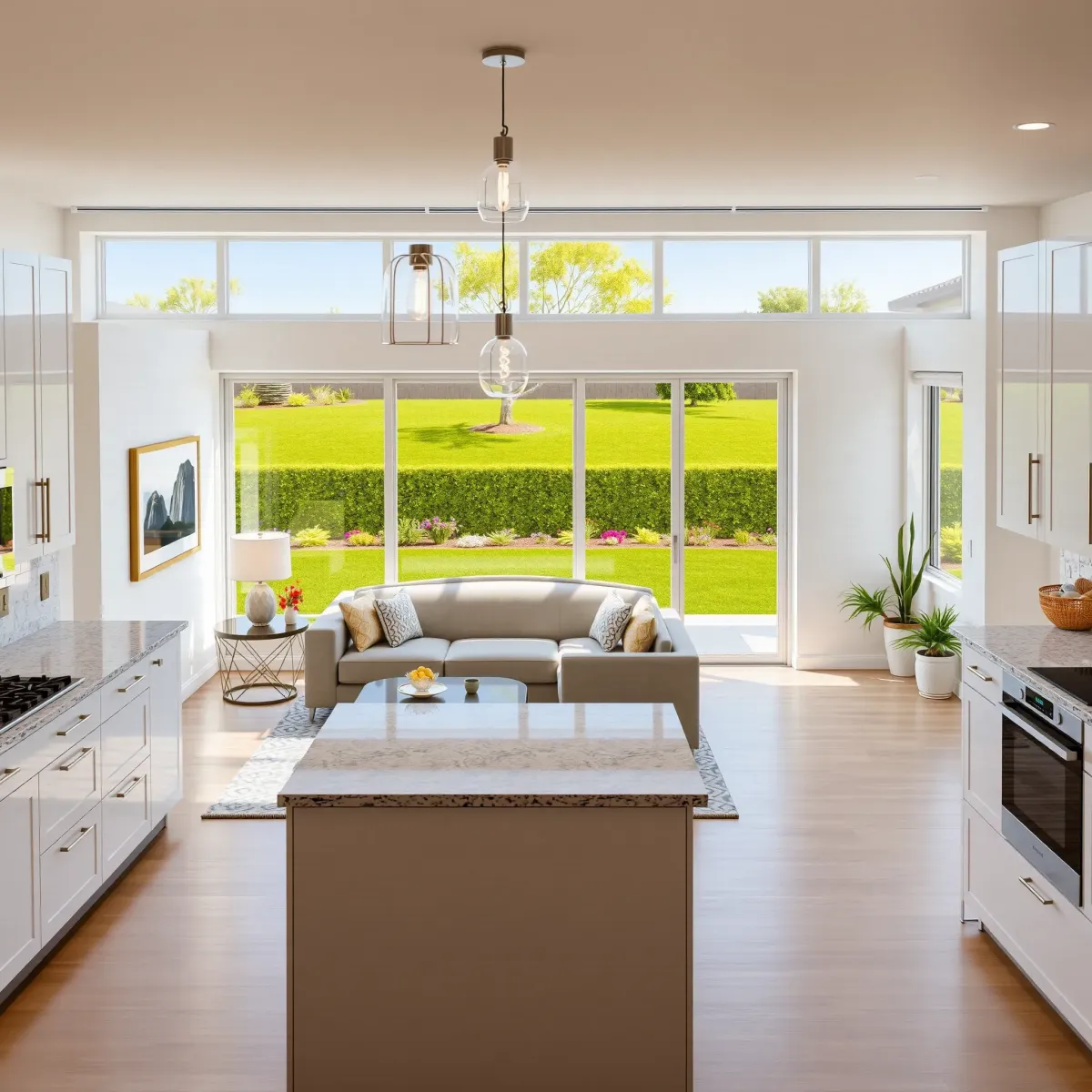 Modern renovated Westminster, CA living room with hardwood floors, large windows, stylish decor, and an open kitchen.
