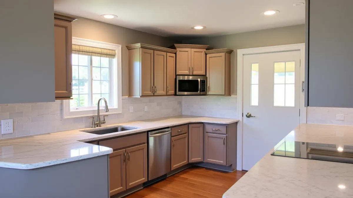 Renovated Lacy, CA kitchen with warm wood cabinets, white counters, stainless steel appliances, marble island, and natural sunlight.