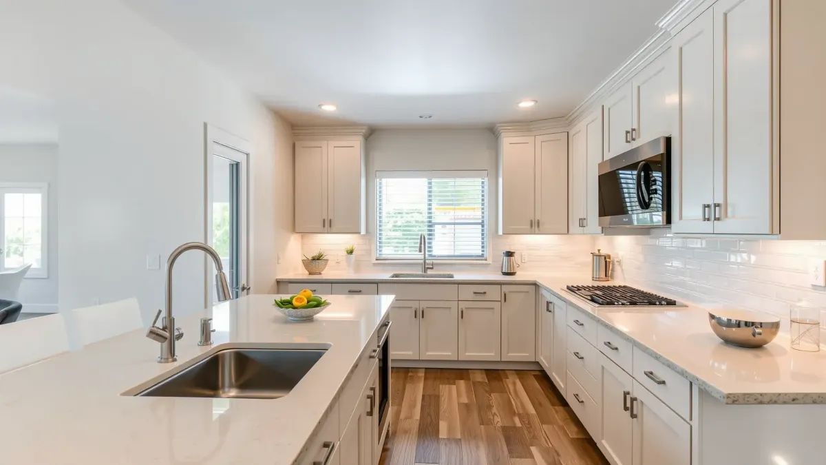 Modern Portola Springs kitchen with wood cabinetry, quartz island, stainless appliances, natural light, and lush outdoor views.