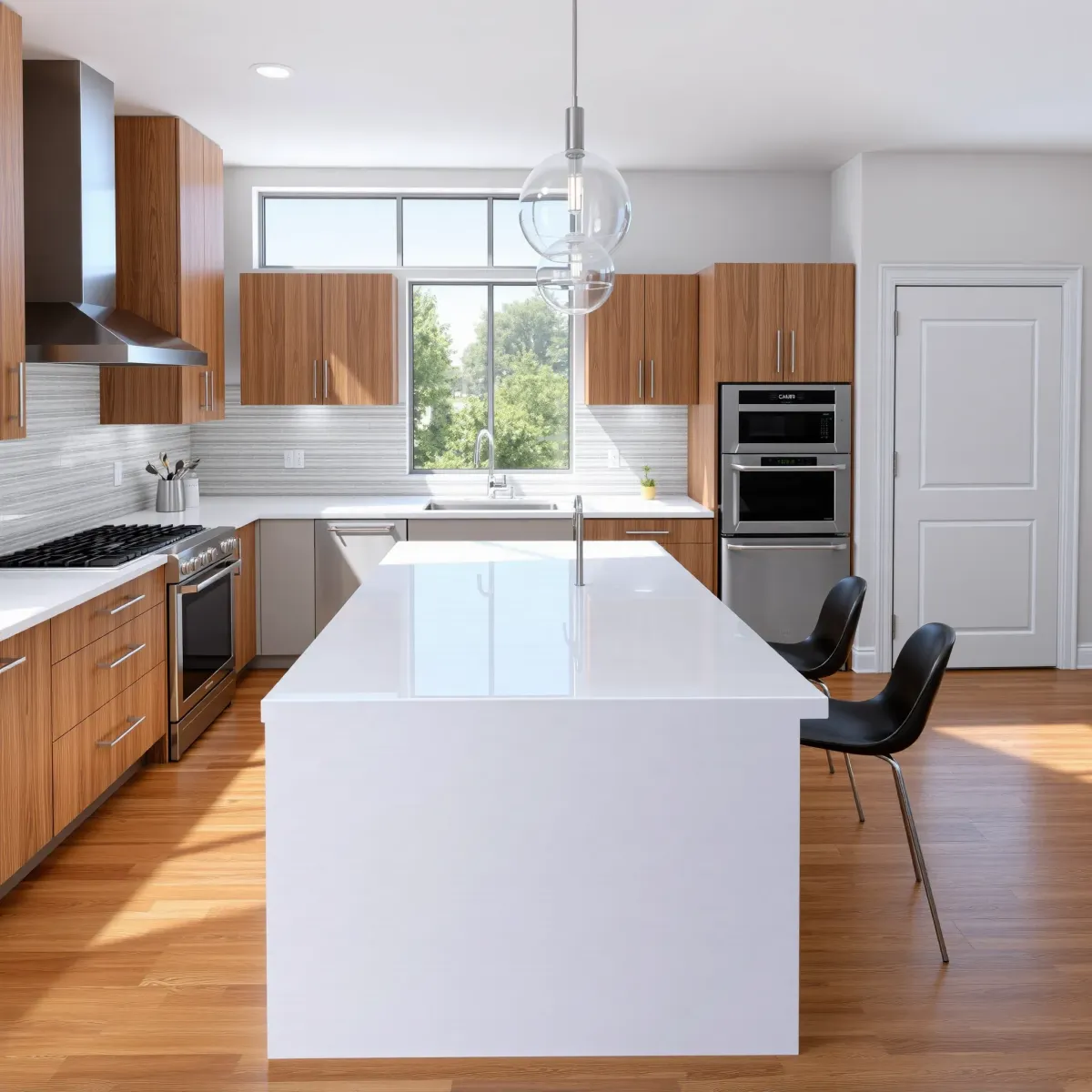 Recently remodeled Tustin, CA kitchen with quartz countertops, stainless appliances, custom wood cabinetry, and natural light.