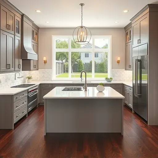 Modern remodeled kitchen in Mid-City CA with quartz countertops, gray cabinets, marble island, subway tile backsplash, hardwood floors, and natural light.