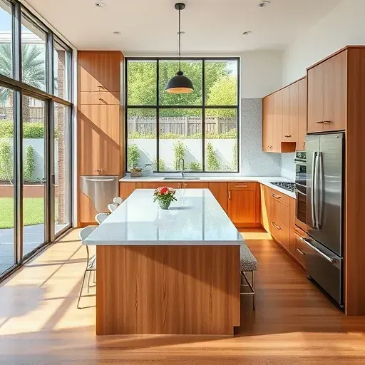 Remodeled Huntington Beach kitchen with modern wood cabinetry, quartz countertops, stainless steel appliances, and coastal views