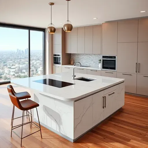 Modern Los Angeles kitchen with a marble island, sleek cabinetry, panoramic skyline views, natural light, hardwood floors
