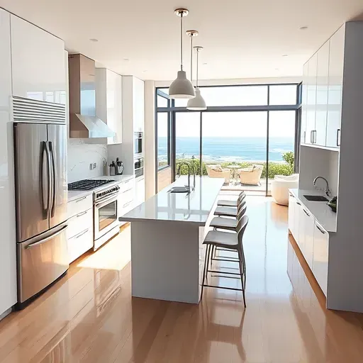 Renovated Newport Beach kitchen with glossy white cabinets, quartz countertops, coastal motifs, stainless steel appliances, ocean view