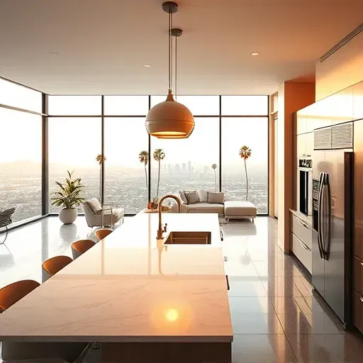 Modern Los Angeles kitchen with sleek lighting, stainless steel appliances, marble island, and cityscape view
