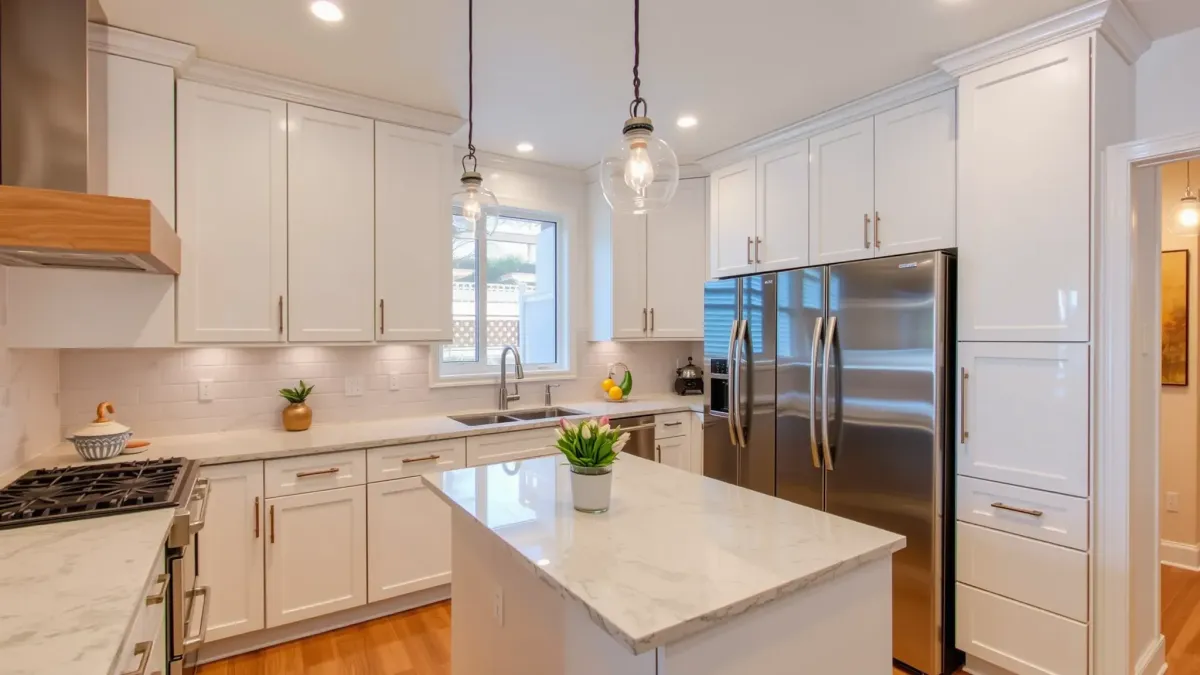Remodeled Tustin, CA kitchen with modern cabinetry, granite countertops, stainless steel appliances, hardwood floors, and bright natural light.