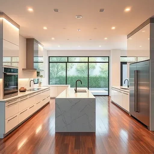 Modern LA kitchen with embedded LED lighting, marble countertops, stainless steel appliances, and large windows.