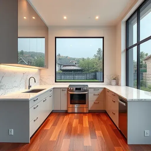 Serene kitchen in Portola Springs, CA with modern cabinetry, marble countertop, and large windows showcasing greenery.