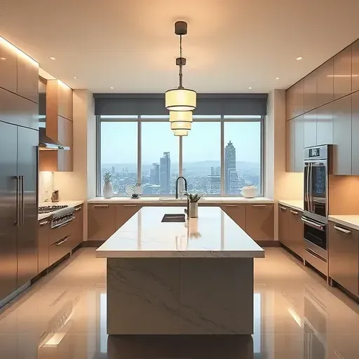Modern Los Angeles kitchen with sleek lighting, marble island, stainless steel appliances, city skyline view, and sophisticated design