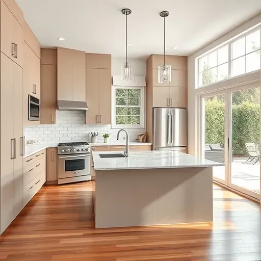 Modern kitchen remodel in El Camino Real CA with sleek cabinetry, marble countertops, spacious island, stylish backsplash, large windows, and hardwood flooring