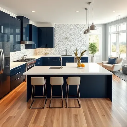 Modern kitchen remodel in Riverview West CA with navy cabinets, quartz countertops, and open layout inviting natural light.