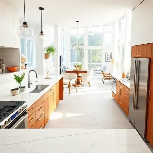 Beautiful renovated South Coast Metro kitchen with white marble countertops stainless steel appliances warm wood cabinets and natural light