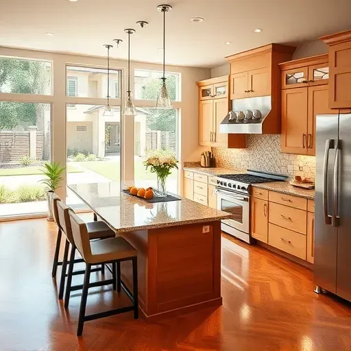 Modern kitchen remodel in Tustin CA with sleek appliances, granite countertops, open layout, and natural light.