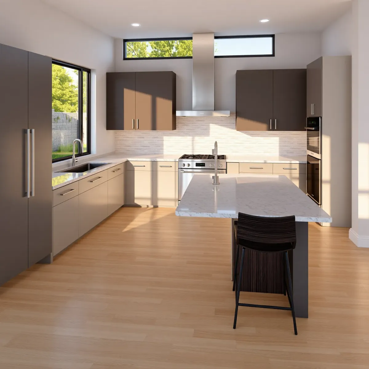 Remodeled Portola Springs kitchen with modern wood cabinetry, stainless steel appliances, large island, and natural sunlight.