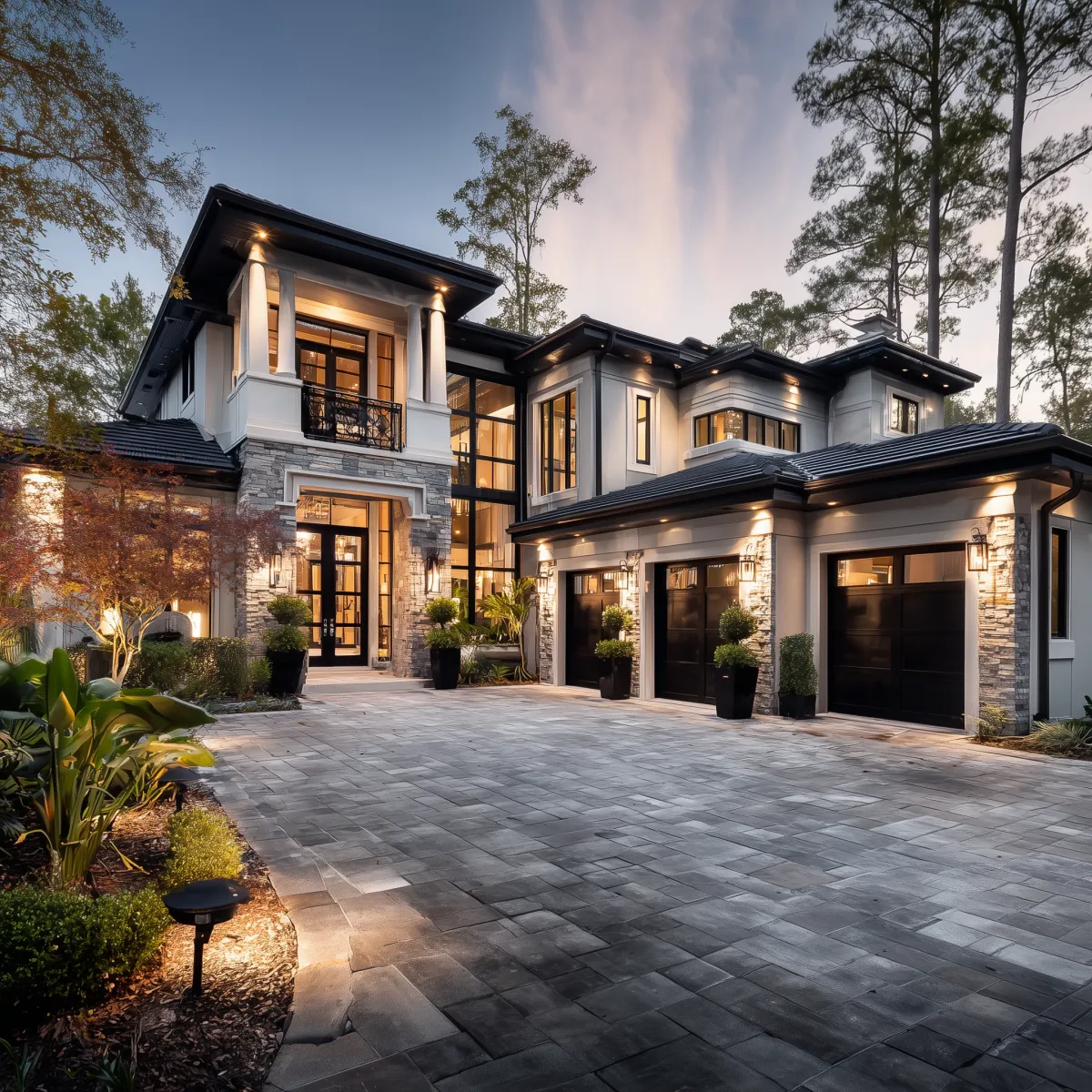 Aerial view of a tree-lined Deerwood neighborhood with large homes
