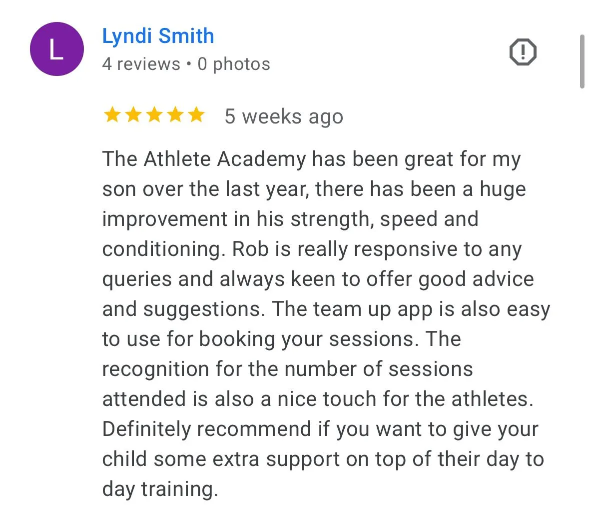 Parent testimonial about The Athlete Academy’s youth training and recovery program. 5-star feedback on building confidence and preventing burnout.