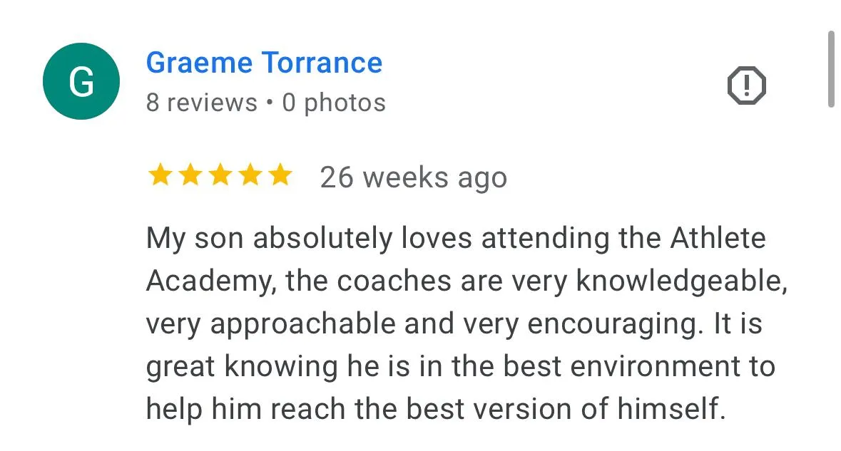 Parent testimonial about The Athlete Academy’s youth training and recovery program. 5-star feedback on building confidence and preventing burnout.
