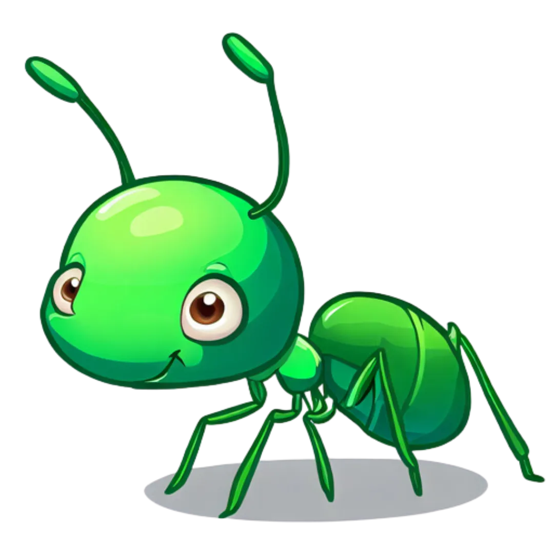 green cartoon of an ant
