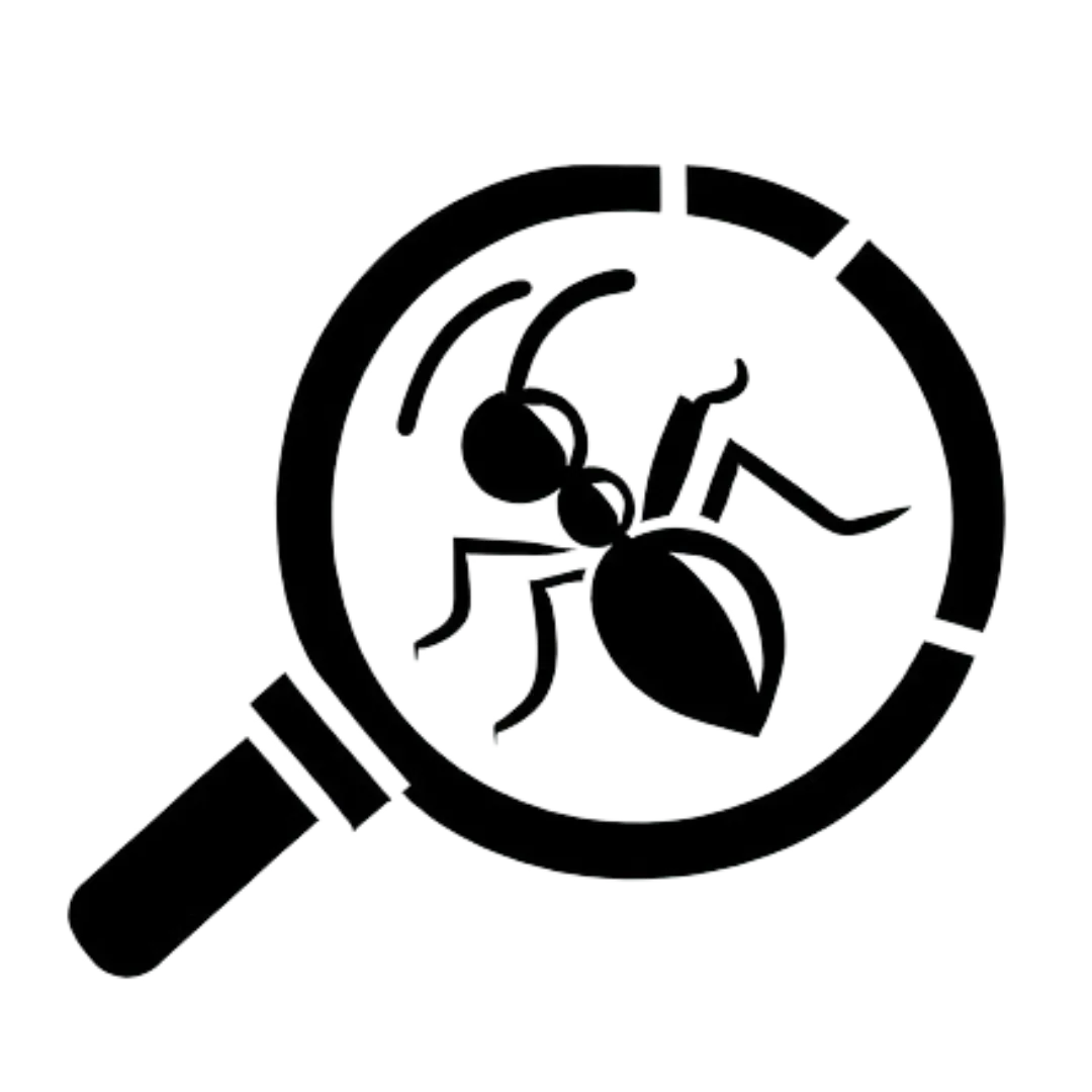 a black logo of an ant underneath a magnifying glass