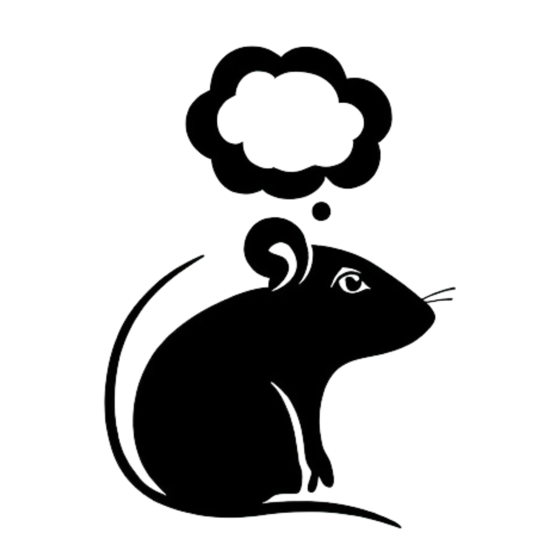 a black logo of a rodent inside a thought bubble