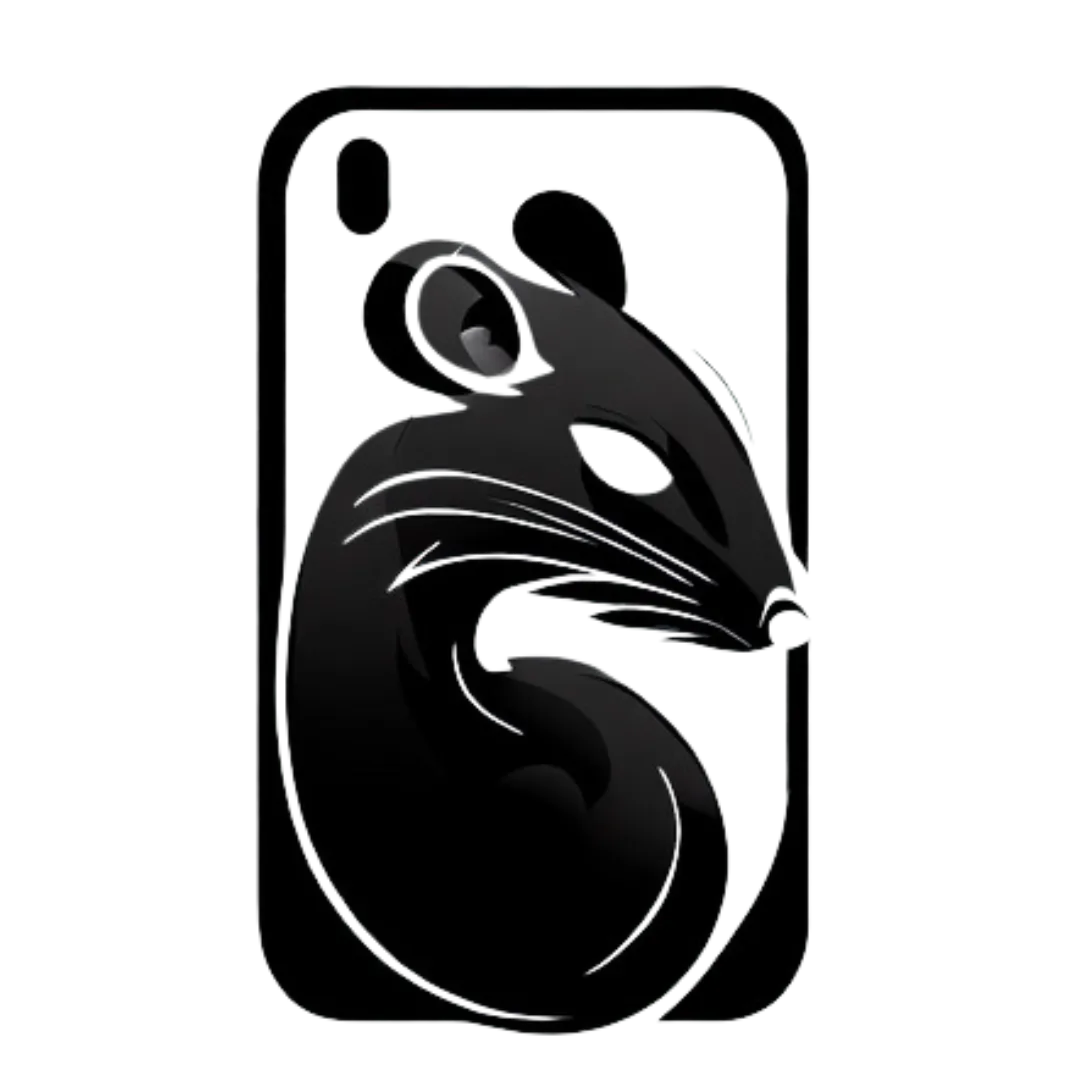 a black logo of a rodent sat on a mobile phone