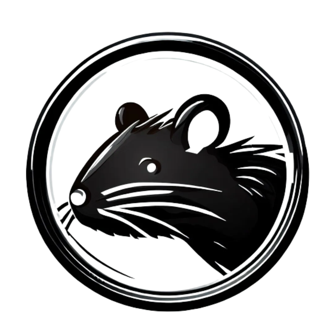 a black logo of a rodent an underneath a magnifying glass