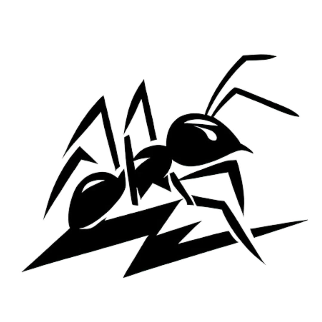 a black logo of an ant on top of a lightning bolt