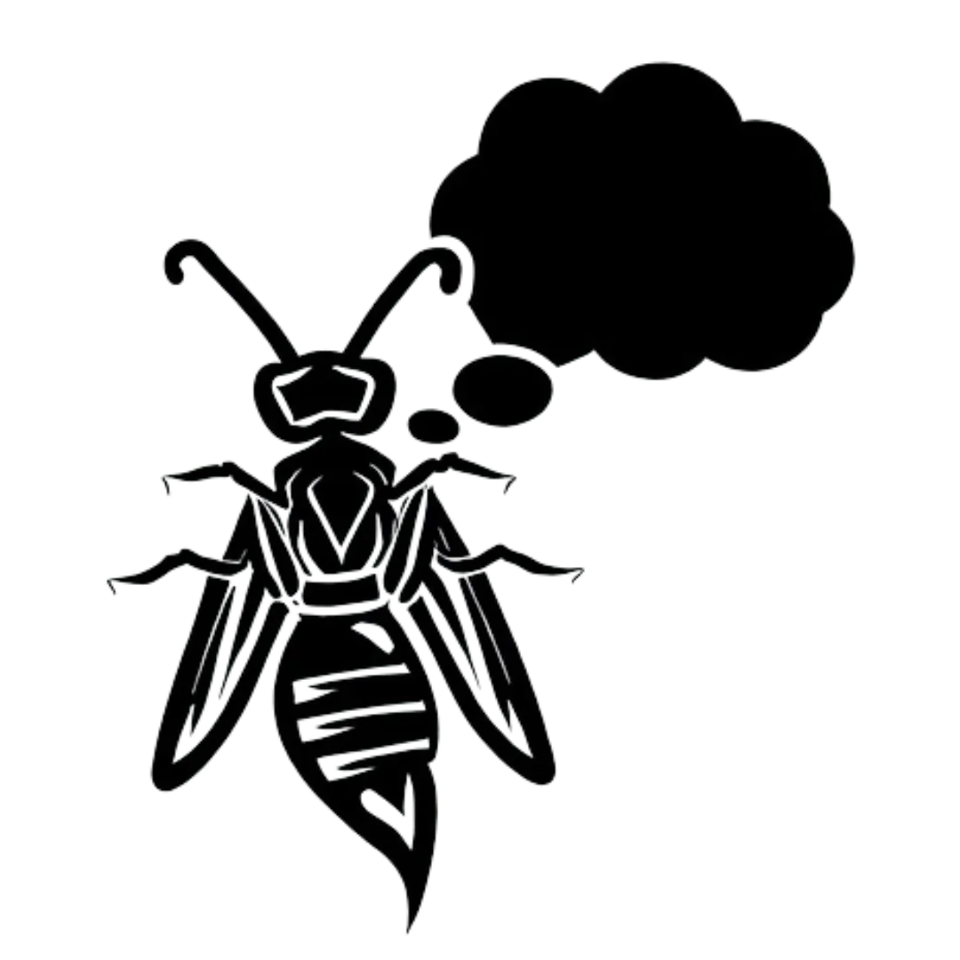 a black logo of a wasp inside a thought bubble