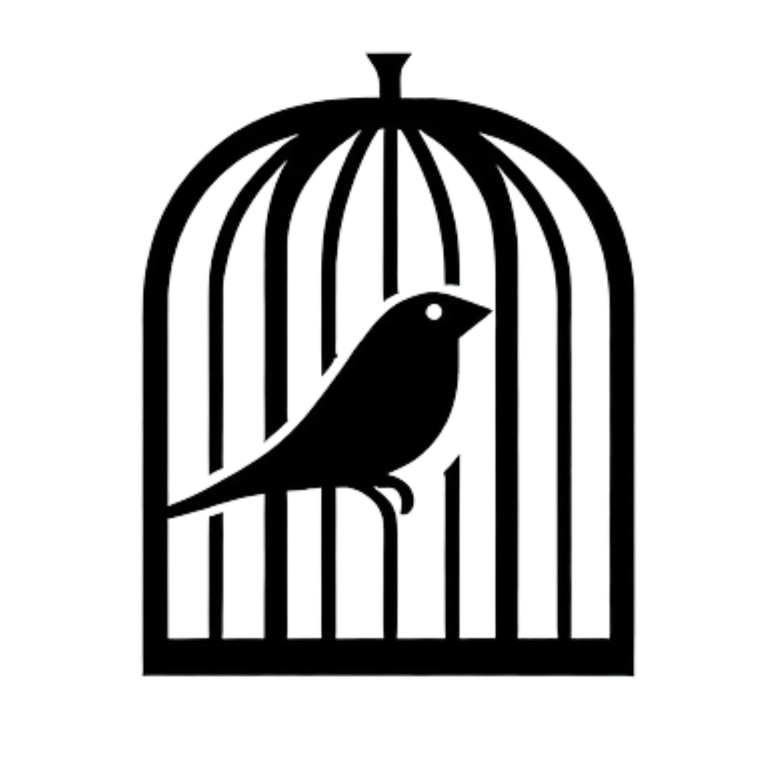 a black logo of a bird inside a cage