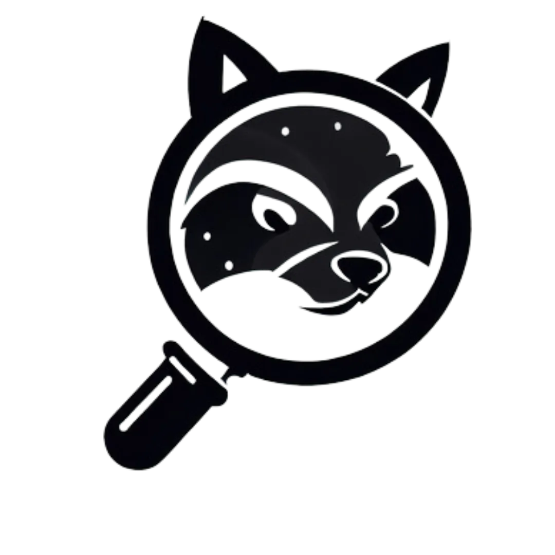 a black logo of a racoon underneath a magnifying glass