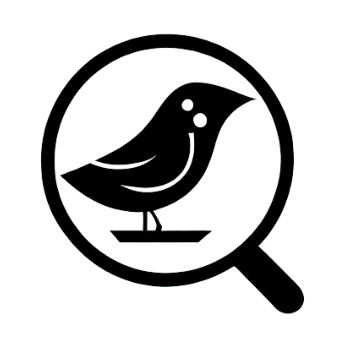 a black logo of a bird underneath a magnifying glass
