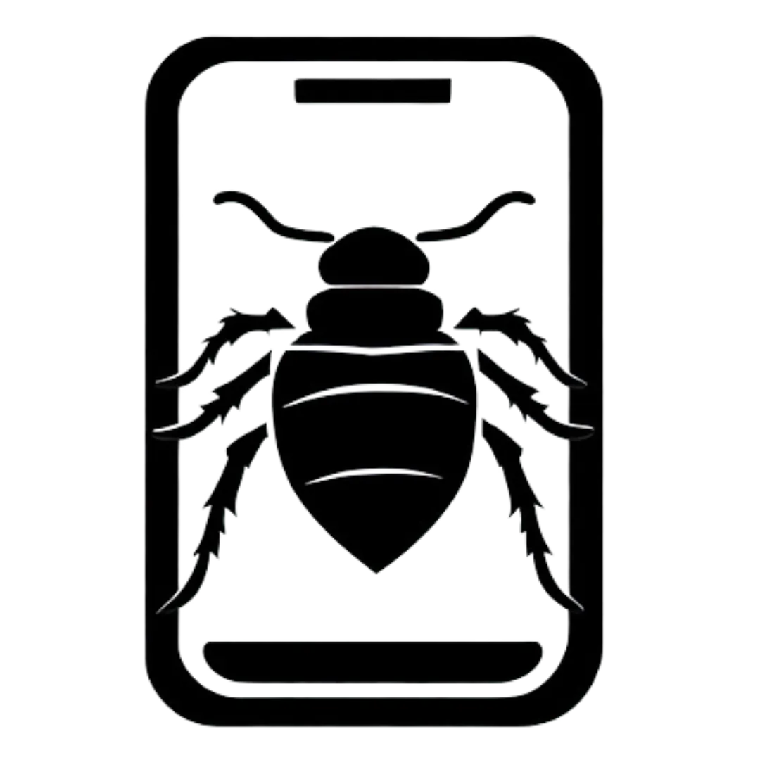 a black logo of a bed bug crawling on a mobile phone
